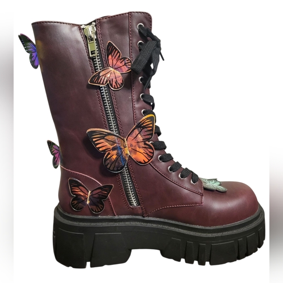 Dolls Kill x Current Mood Mauve Endless Dreaming Butterfly Wmns Combat Boots, 10 - Picture 1 of 16